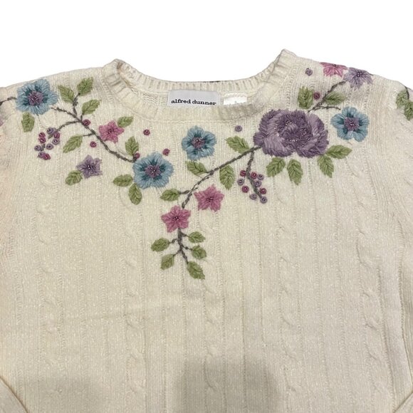 Vintage Alfred Dunner Floral Embroidered Beaded Cream Sweater S - Picture 2 of 5